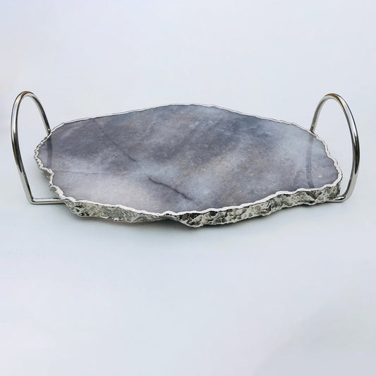 Grey Agate Quartz Serving Tray With Silver Finish  Loop Handles-0