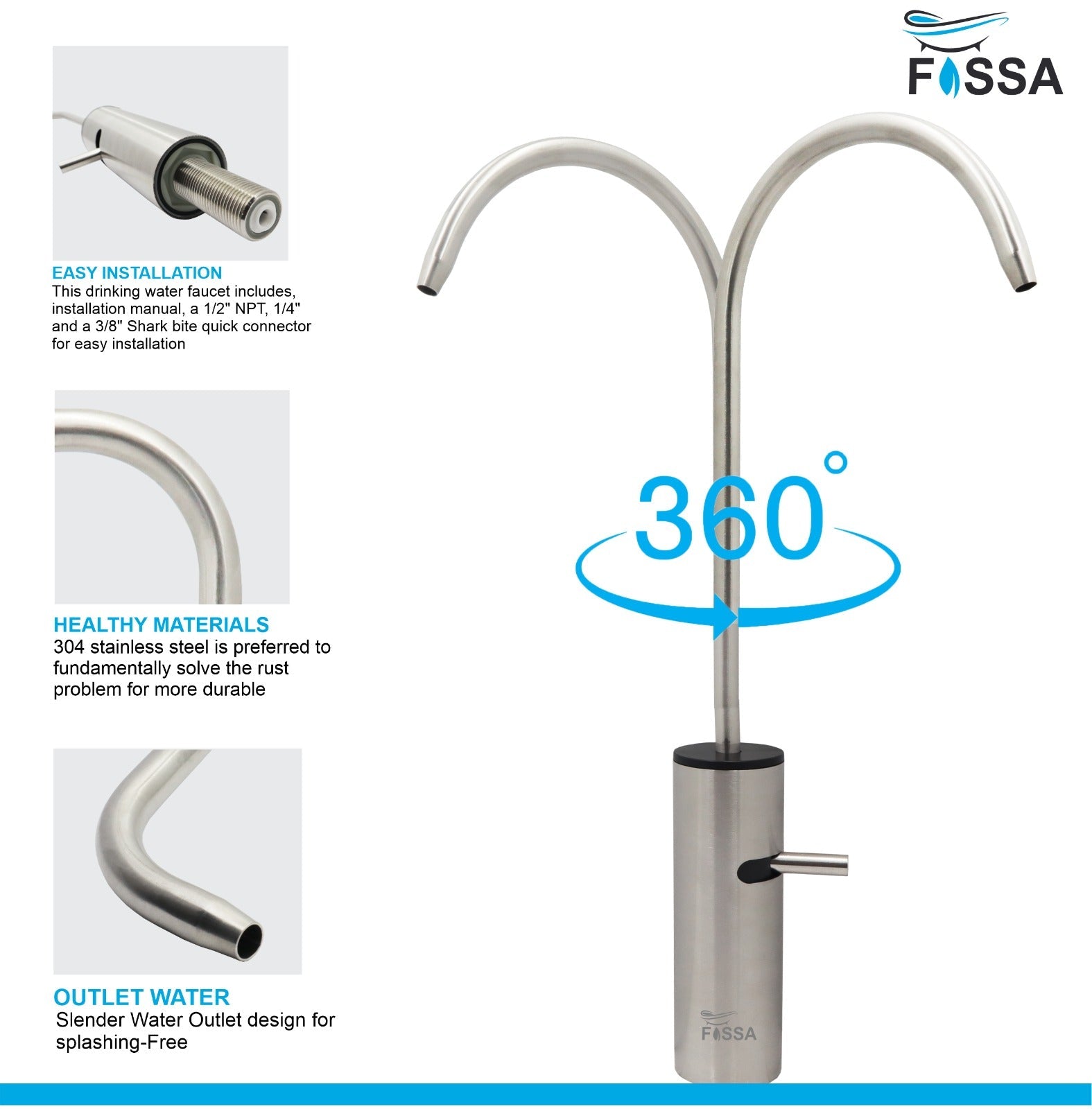 Fossa Opera J Bend RO Tap Kitchen Water Filter Faucet, 100% Lead-Free Drinking Water Faucet Stainless Steel Brushed Nickel Finish (Silver)-2