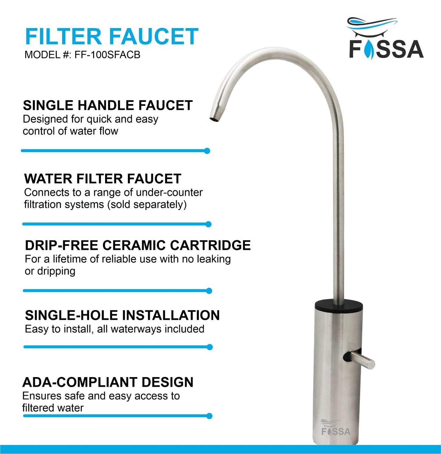 Fossa Opera J Bend RO Tap Kitchen Water Filter Faucet, 100% Lead-Free Drinking Water Faucet Stainless Steel Brushed Nickel Finish (Silver)-3